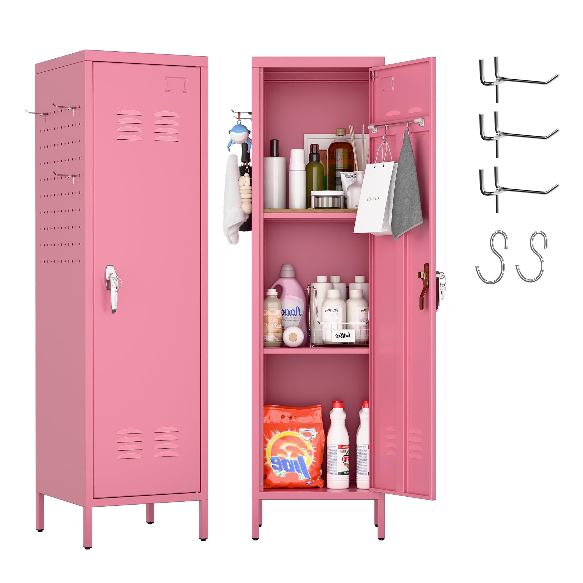 SUPEER Lockable Metal Lockers With Handle And Keys,Metal Storage Locker With 2 Pegboard & 5 Hooks For Home,Office,School,54.45inch H X 15inch W X 15inch,Pink,Required Assembly — foto 7