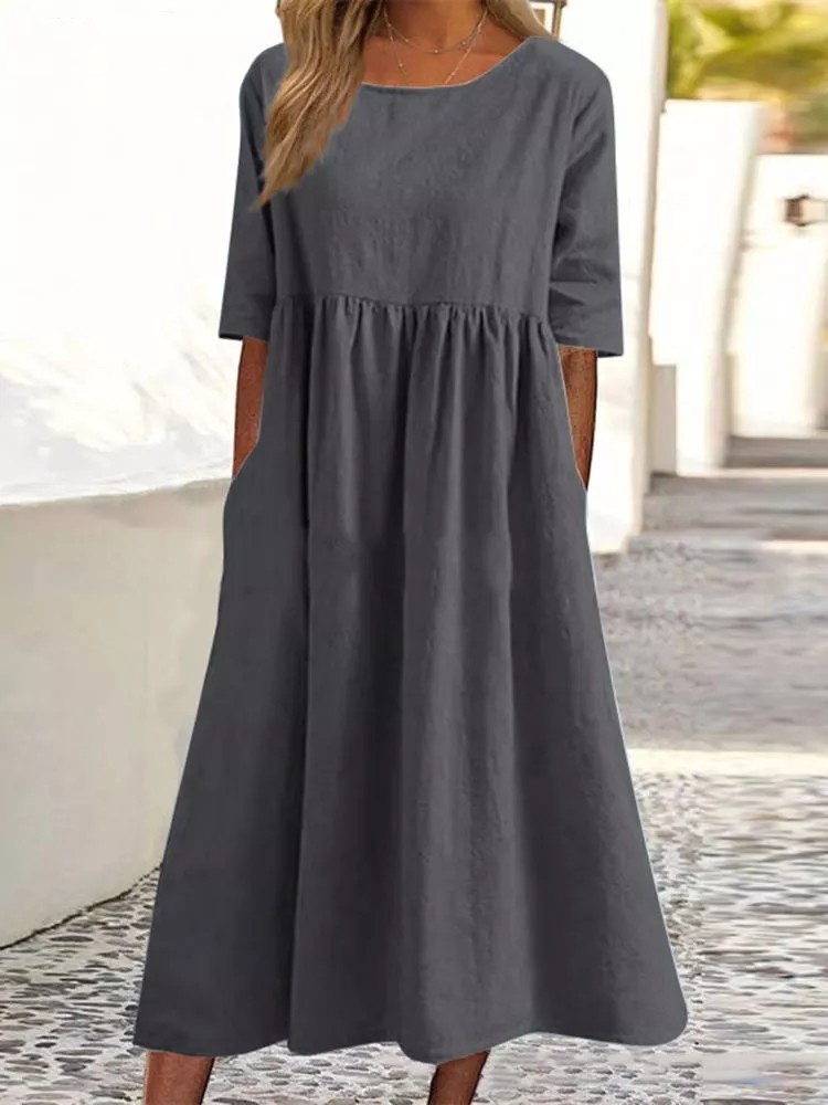 Cotton linen midi dress in army green, loose fit full length model view