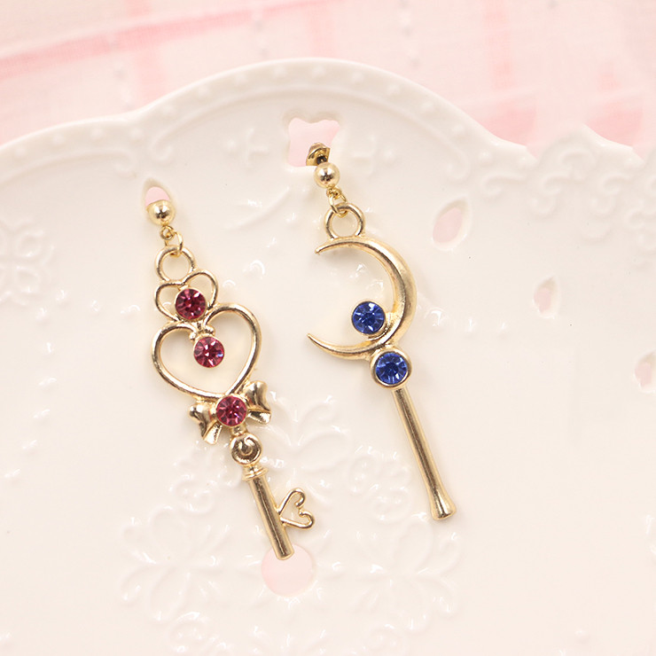 Moon Wand Beautiful Girl Love Key Asymmetrical Earrings Ear Clips