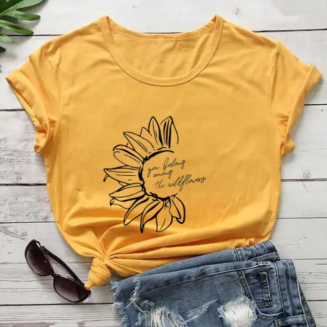 Summer Women's Printed Round Neck Short Sleeved T Shirt Yellow - Shop at LoveMi