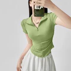 Women's Fashionable Temperament Pleated Short Sleeve T-shirt Top - Avocado Green - View 1