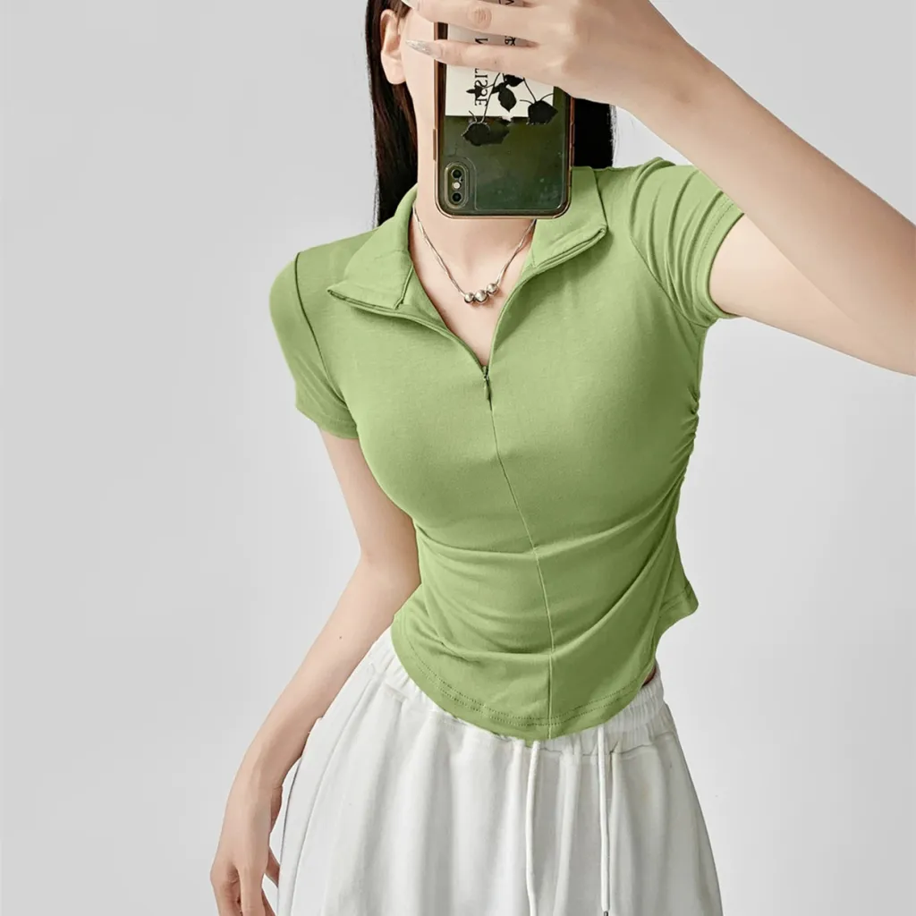 Women's Fashionable Temperament Pleated Short Sleeve T-shirt Top - Avocado Green