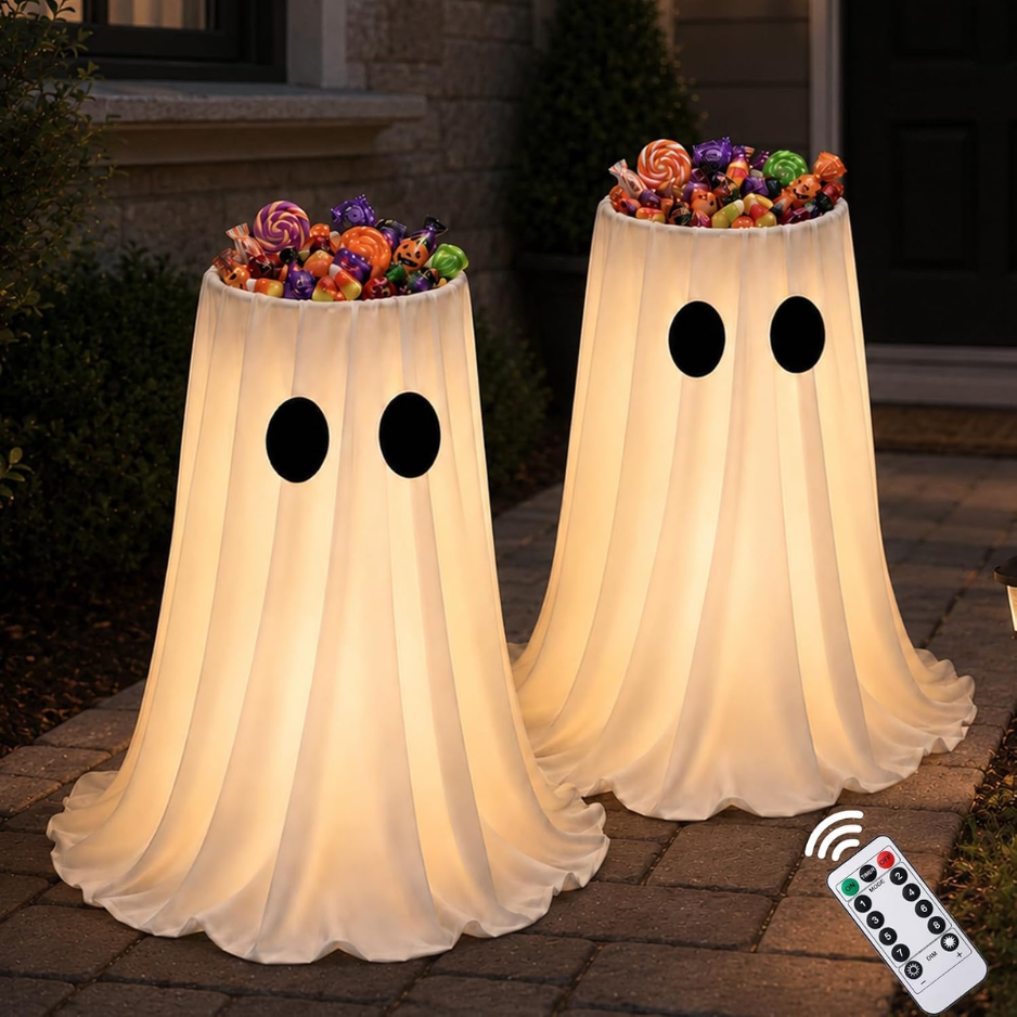 2PCS Halloween Glowing Ghost Candy Bowl Holder For Outdoor