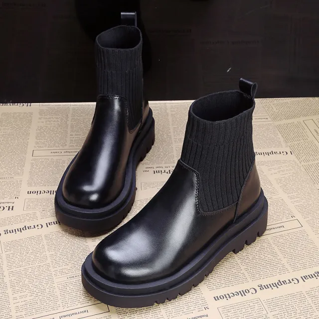 British Style Wild Lace up Platform Stitching Short knit Martin Boots Black - Shop at LoveMi