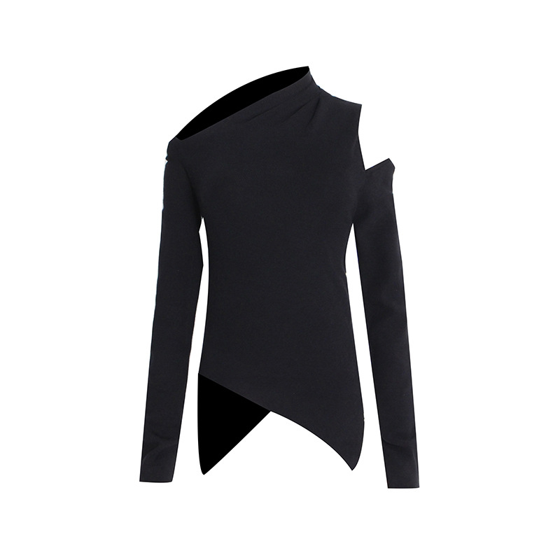 Diagonal Collar Long Sleeve Irregular Women's Solid Color Sweater