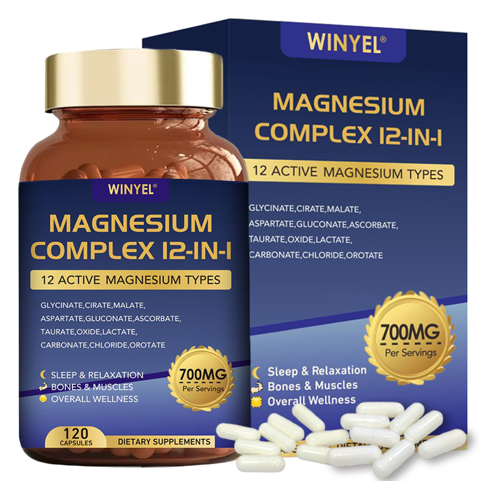 WINYEL Magnesium Complex 700mg 12 In 1 Magnesium Supplement With Glycinate, Citrate, Malate  Sleep, Calm, Muscle Relaxation, Heart Health Support  Vegan 120 Capsules