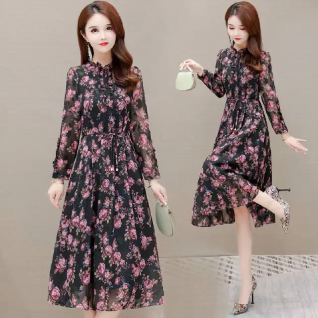 Temperament Waist Closing Long Sleeve Chiffon Skirt Female Summer Colours - Shop at LoveMi