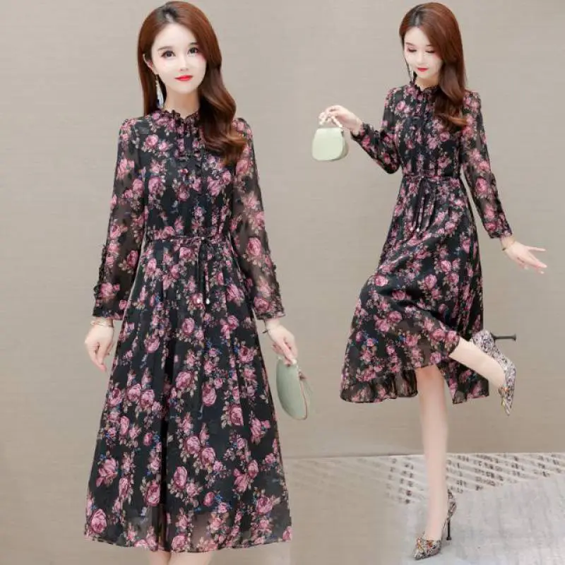 Temperament Waist Closing Long Sleeve Chiffon Skirt Female Summer - Colours