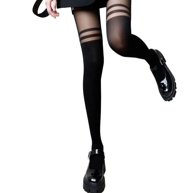 Spring Cross-border Preppy Style Striped Splicing Pantyhose, Fake Thigh-High Stockings, Bottoming Silk Socks With Black Stripes