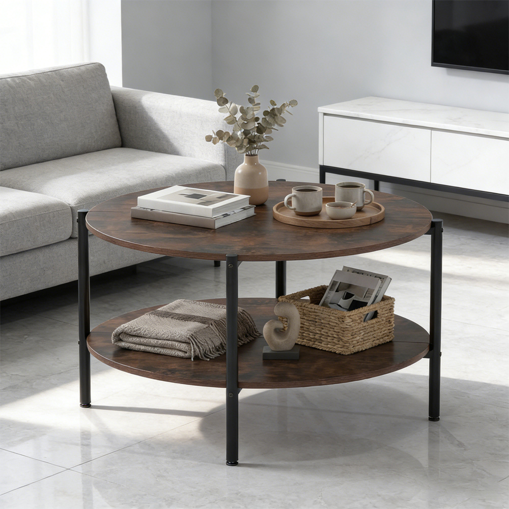 Round Coffee Table 2-Tier Industrial Accent Table With Open Storage Shelf With Adjustable Foot Pads For Apartments And Compact Spaces