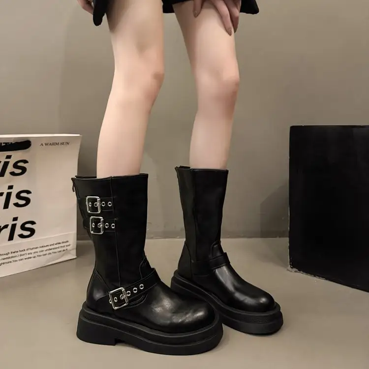 Women Fashion Boots Soft Leather Belt Buckle