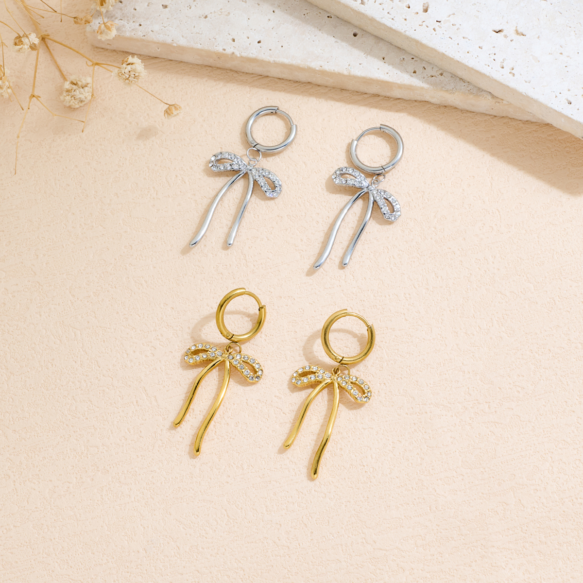 Stainless Steel Studded Rhinestone Bow Earrings