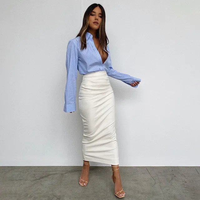 Women's Temperament Commuter Bright Leather Back Slit Sexy Long Skirt White - Shop at LoveMi