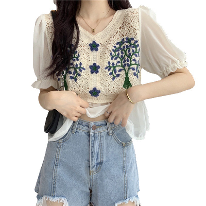 Women's Crochet Hollow V-Neck Short Sleeve Top