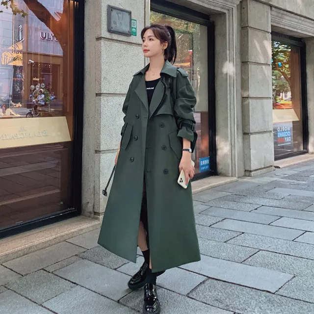 Loose Mid length Retro Coat Army Green Double breasted Trench Coat Green - Shop at LoveMi