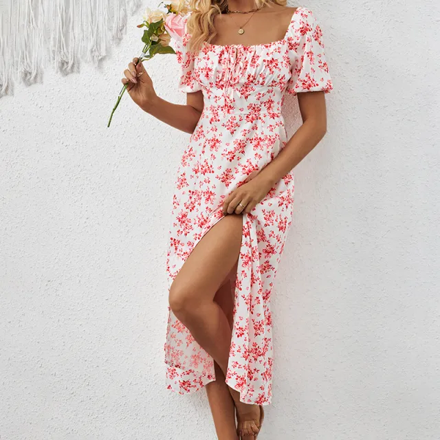 Women's Square Neck Floral Print Dress With Puff Sleeves & Side Slit Elegant Spring Summer Boho Maxi Dress Pink - Shop at LoveMi
