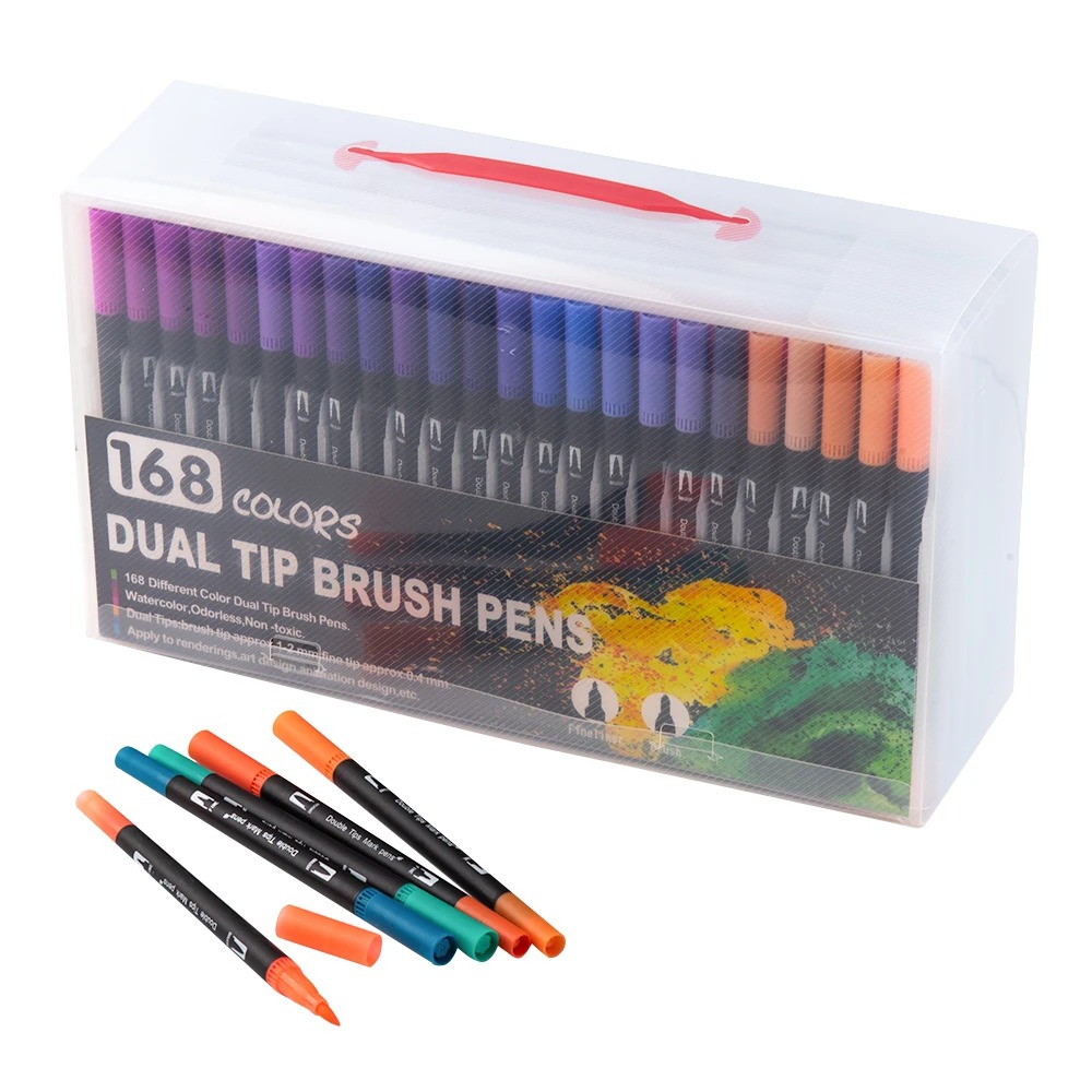 168 Colors Dual Tip Brush Markers Set Black Barrel Watercolour Pens — image 6