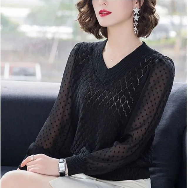 Ladies New Hollow Breathable Knit Sweater Ice Silk Loose Top Black - Shop at LoveMi