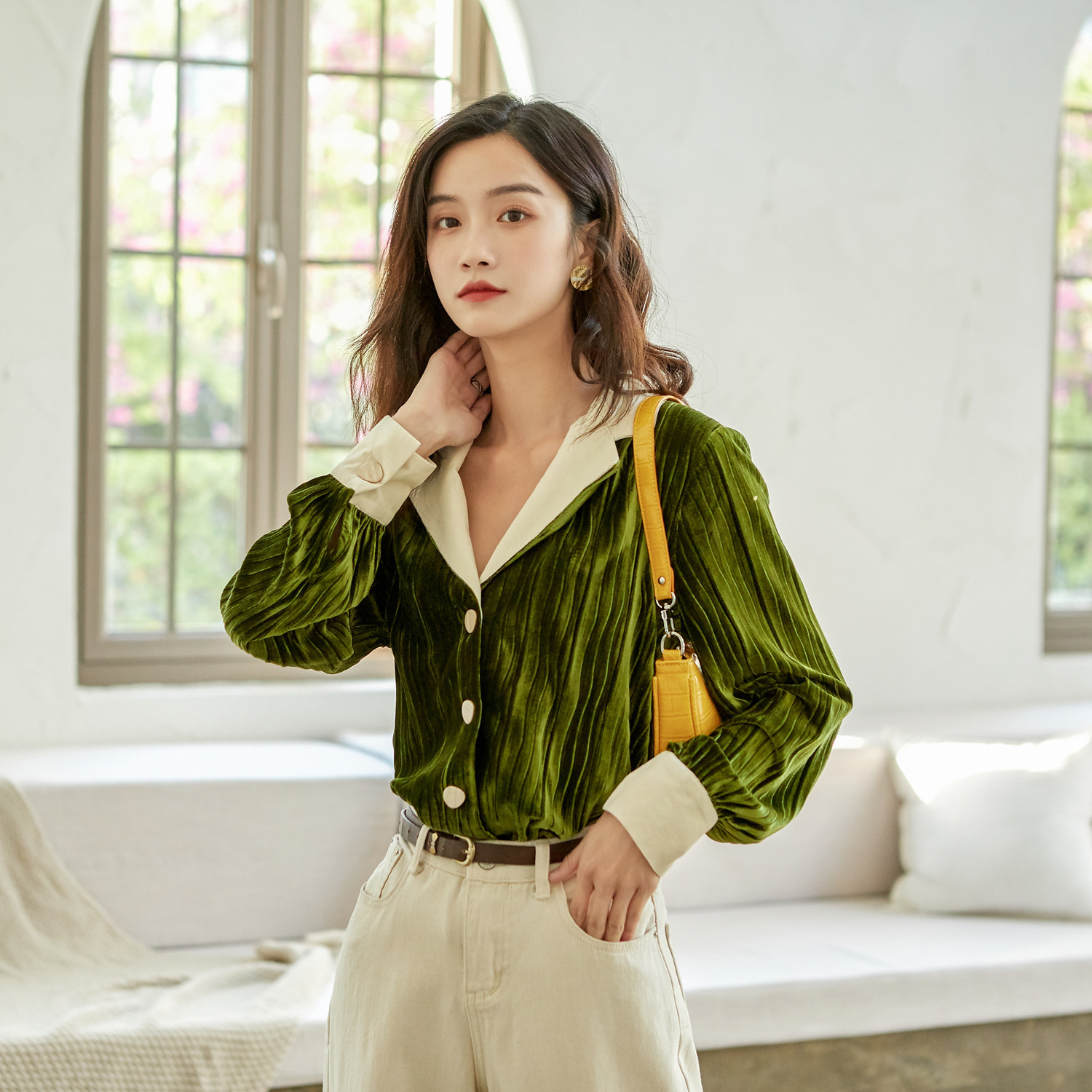 Lantern Sleeve Retro Suit Collar Dark Green Loose Casual Shirt