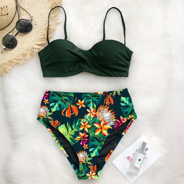 New Foreign Trade Beach Bikini Twist Bag Swimsuit Split Printing High Waist