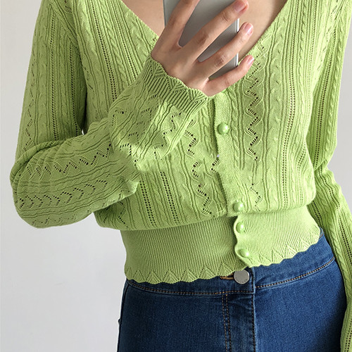 Women's V-neck Hollow French Vintage Short Long Sleeve Knit Cardigan