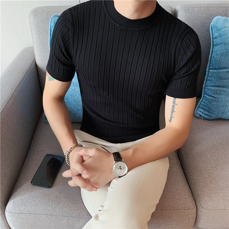 Thin Solid Color Half Turtleneck Dark Stripe Knit Short Sleeves