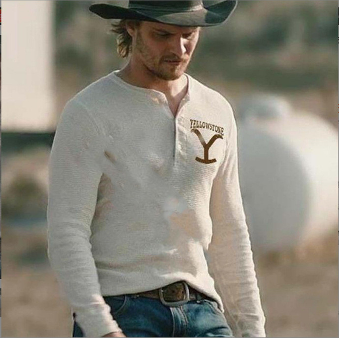 Casual Long Sleeve Cotton Slim Fit Printed Fashion City Collar Men's T-shirt