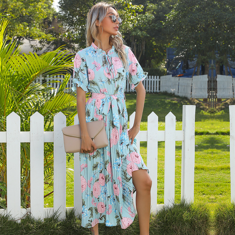 Printed Short Sleeve Double Drawstring Pleated Dress