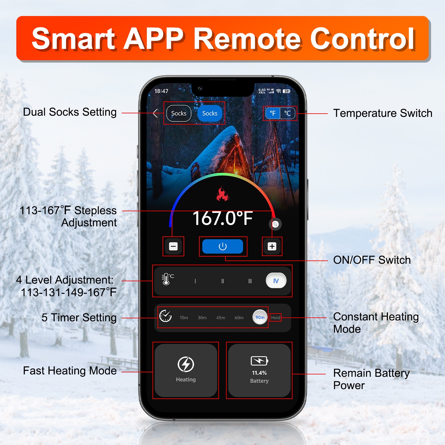 2 Types Options — 1 Pair Of Heated Socks For Men Women Electric Heating Socks With APP Control 5000mAh Battery Rechargeable Thermal Socks Winter Warm Socks For Skiing Hiking Camping Hunting