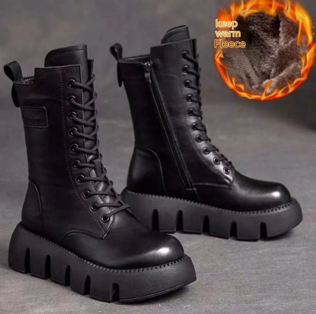Patent Leather Retro Style British Style Comfortable Low Heel Autumn And Winter Fleece-lined Fashion Boots - Black