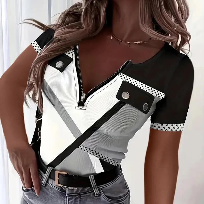 Women's Color Block Zipper T-Shirt, Casual Short Sleeve Summer Top