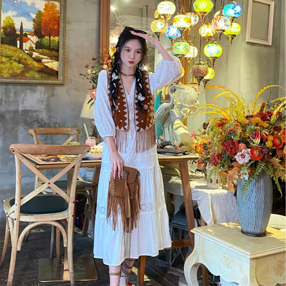 Ethnic Style Retro Tassel Embroidery Waistcoat Cardigan Women Design Sense Niche Fold Wear Vest Chic Sleeveless Clothes