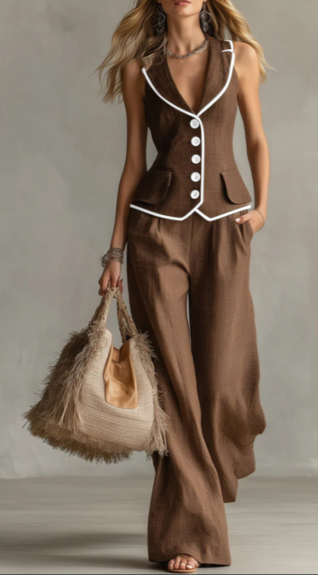 Contrast Trim Linen Vest Set