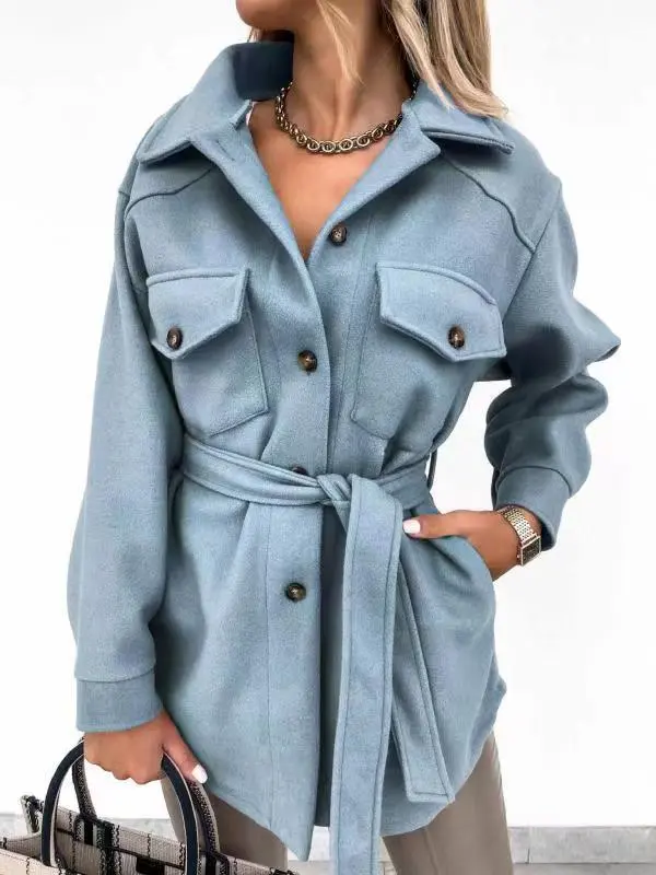 Fashionable Lace up Small Fragrant Jacket With Pockets Haze Blue - Shop at LoveMi