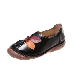 Retro Flower Round Toe Low-Top Loafers - Black - View 1