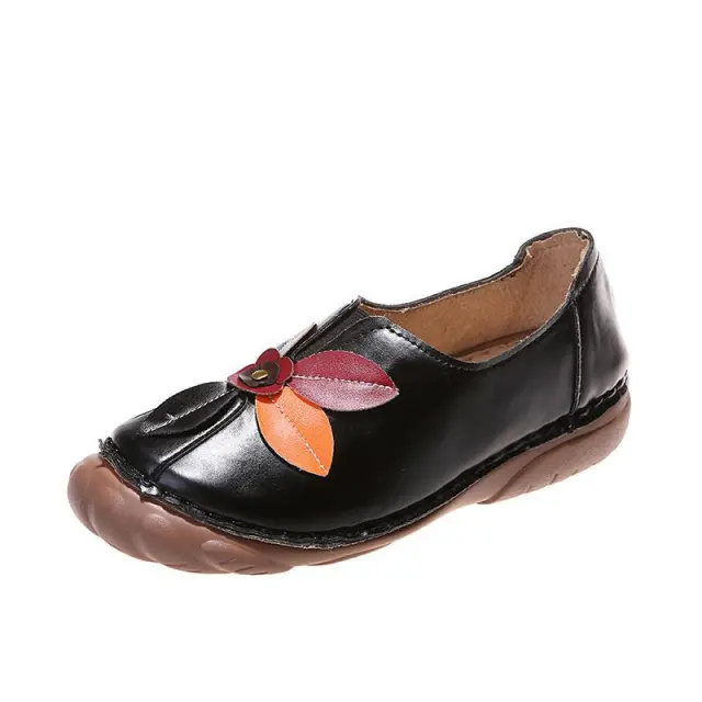 Retro Flower Round Toe Low Top Loafers Black - Shop at LoveMi