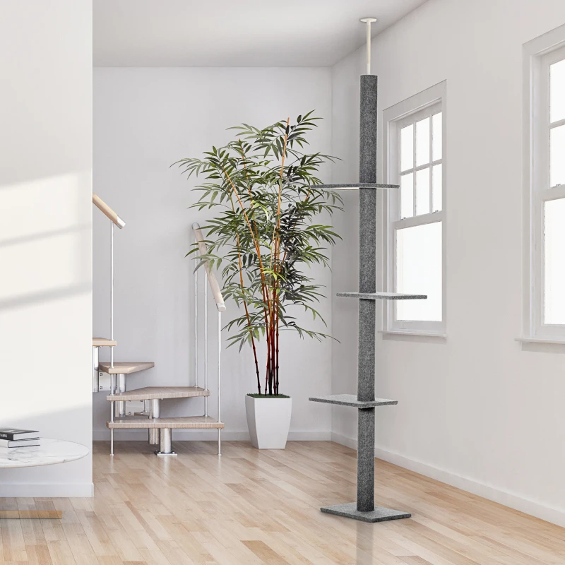 PawHut Floor-to-Ceiling Cat Tree Cat Climbing Tower With Sisal-Covered Scratching Posts Natural Cat Tree Activity Center For Kittens Cat Tower Furniture, Grey