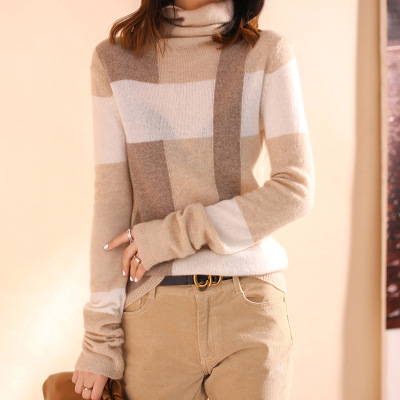 Color Matching Pile Collar Loose Pure Wool New Cashmere Sweater