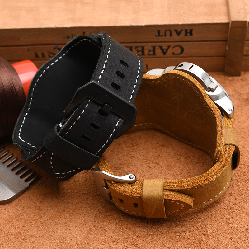 Rugged Large Bracelet With Tray 22 24 26mm Crazy Horse Leather Watch Strap