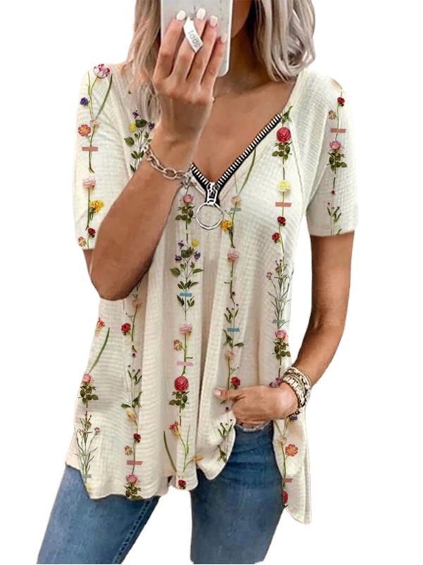 V-neck Zipper Retro Zipper Print Short Sleeves