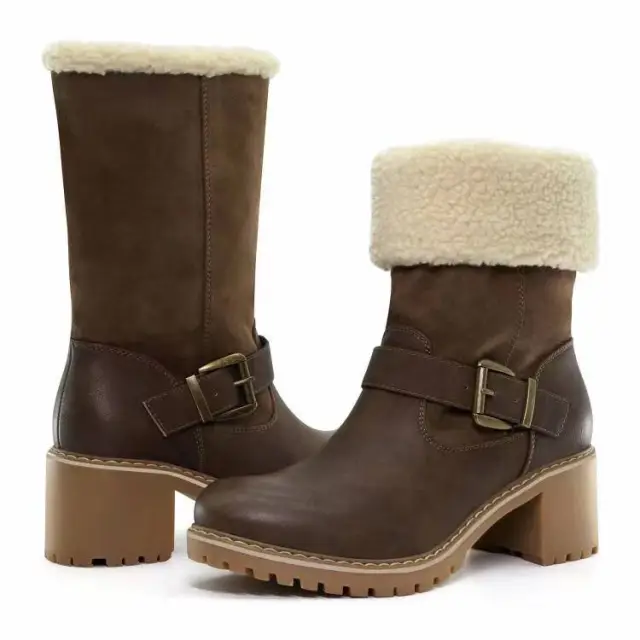 Fashion Boots With Buckle Chunky Heel Shoes Warm Winter Round Toe Western Boots For Women Coffee - Shop at LoveMi