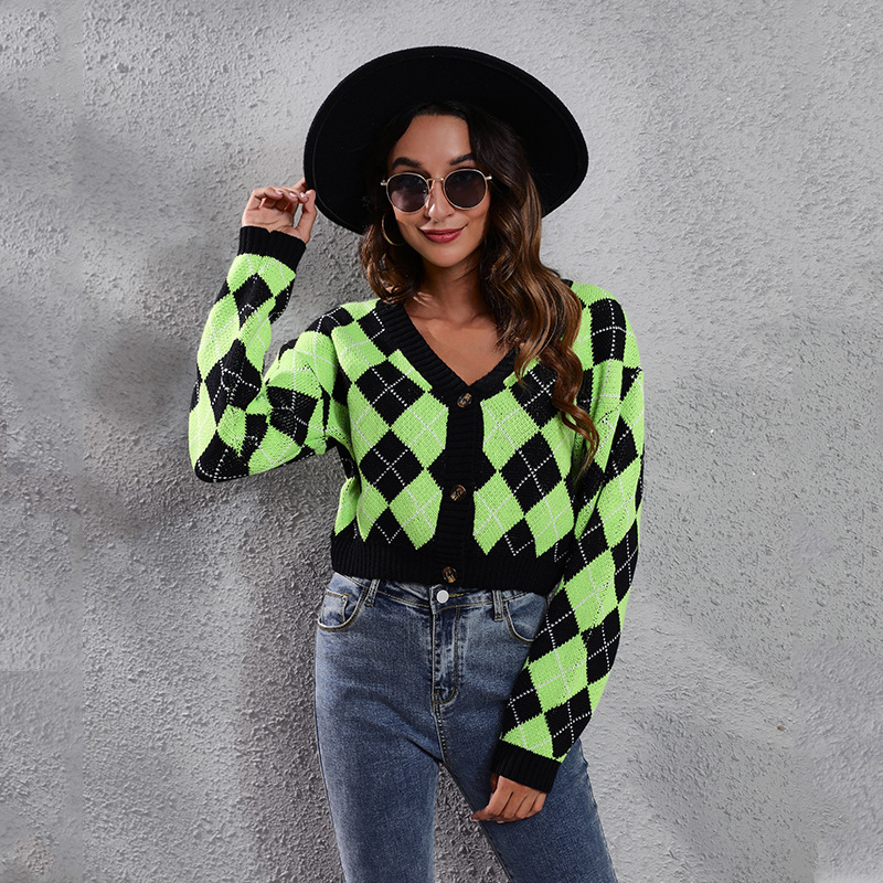 Rhombus Color Blocking Diamond Knit Cardigan Short