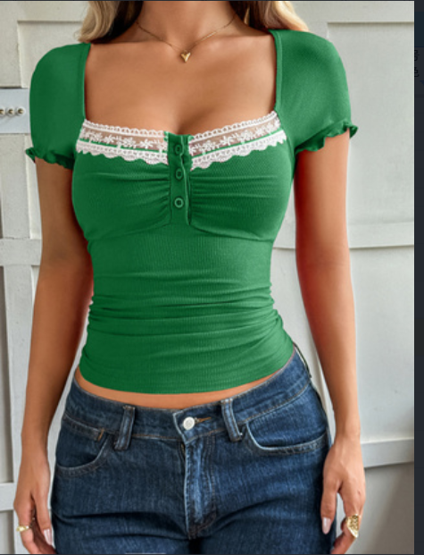 Lace Square Neck Ribbed Slim-fit Short Sleeve T-shirt, Pure Desire Style Hot Girl Cropped Top