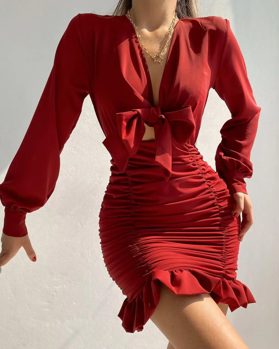 Fashion Sexy Casual Women's Tie Knotted Pleated Slim Dress