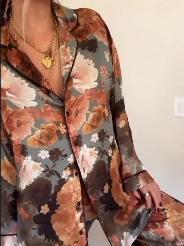 Vintage Floral Print Satin Pajama Set