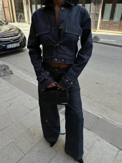 Short Denim Jacket & High-waisted Pants Suit - Navy Blue - View 1