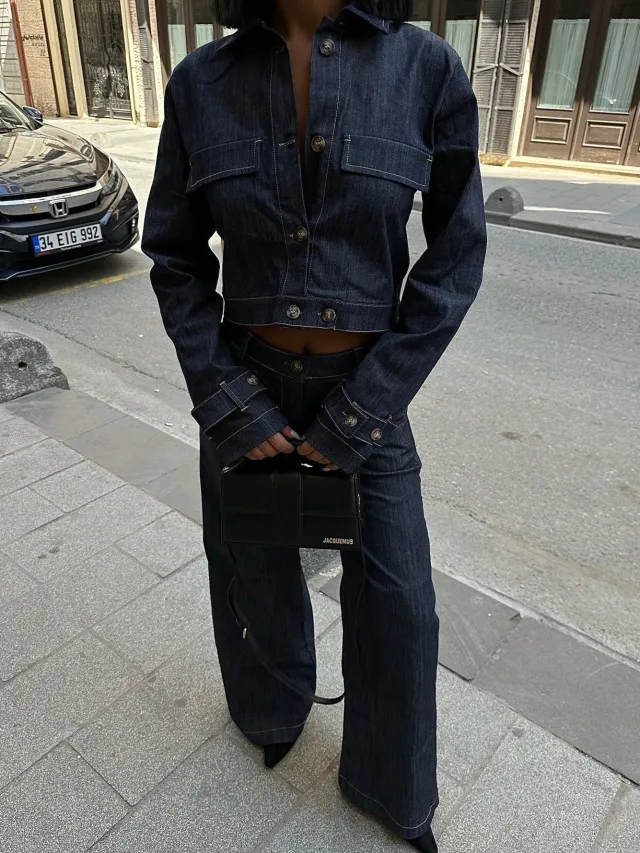 Short Denim Jacket & High waisted Pants Suit Navy Blue - Shop at LoveMi