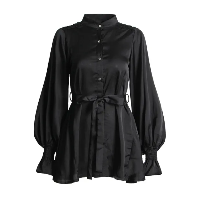 Small Number Solid Color Splicing Shirt Stand Collar Single Breasted Women Black - Shop at LoveMi