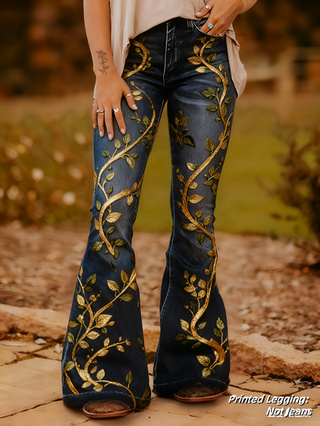 Ladies' Casual And Fashionable Retro Printed High-waisted Single-button Flared Pants, Comfortable Fake Jeans Can Modify The Leg Shape