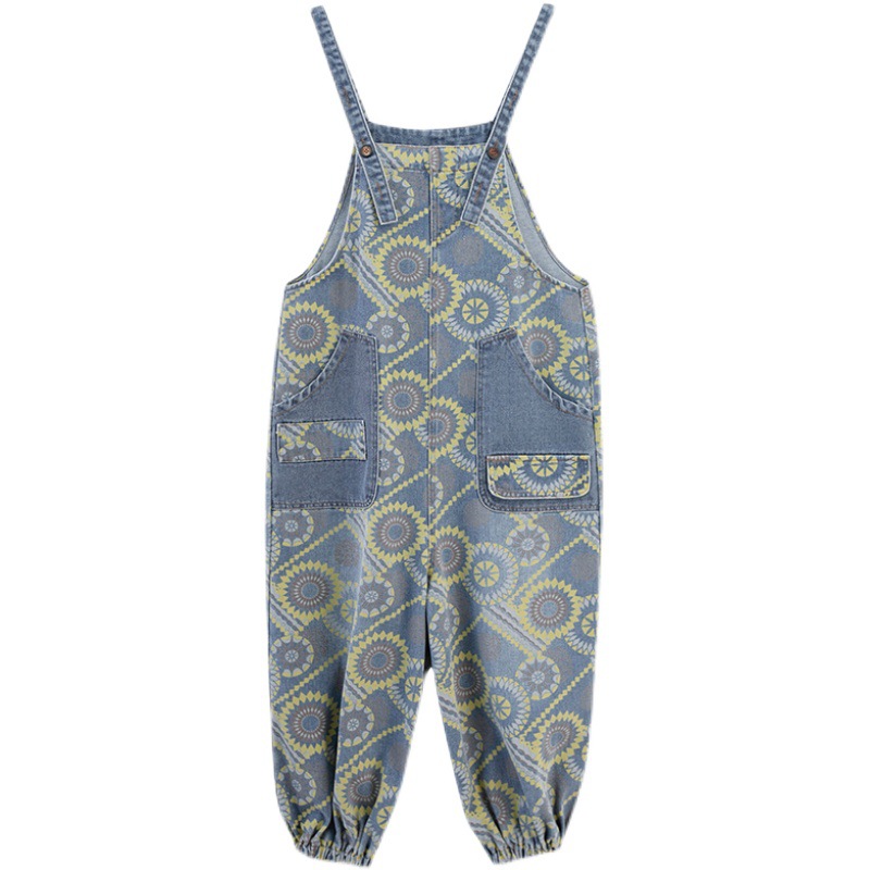 Title 5, Spring Lean Print Jean Overalls For Women